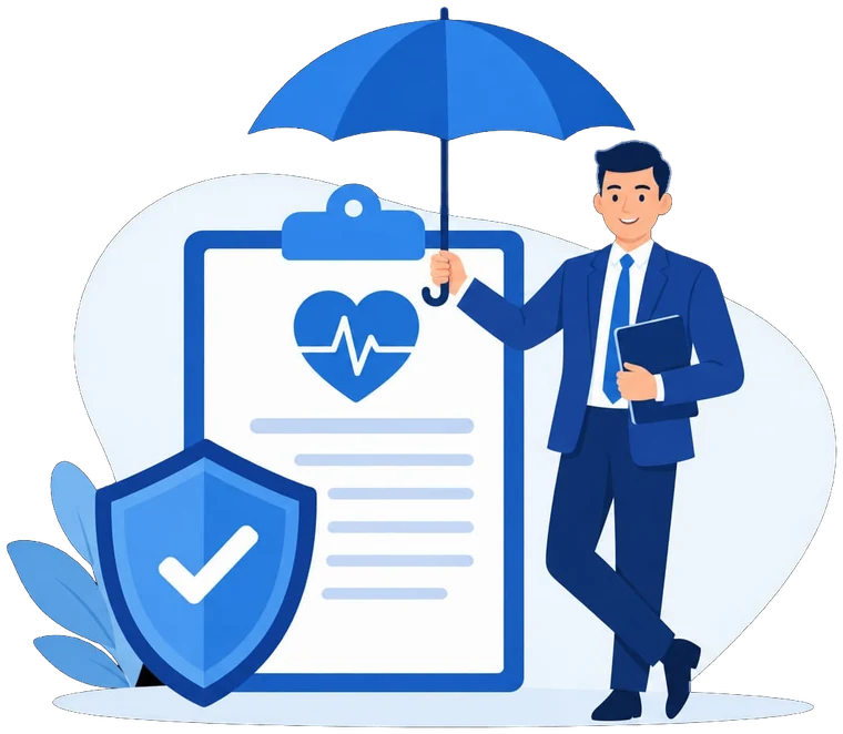 An insurance advisor with an umbrella, a shield and a health plan